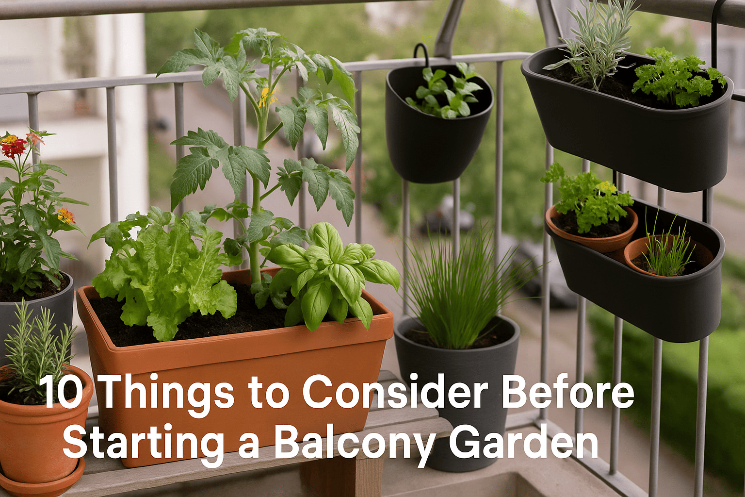 Urban Plant balcony garden photo with mixed herb and vegetable containers – 10 things to consider before starting a balcony garden for Indian urban homes